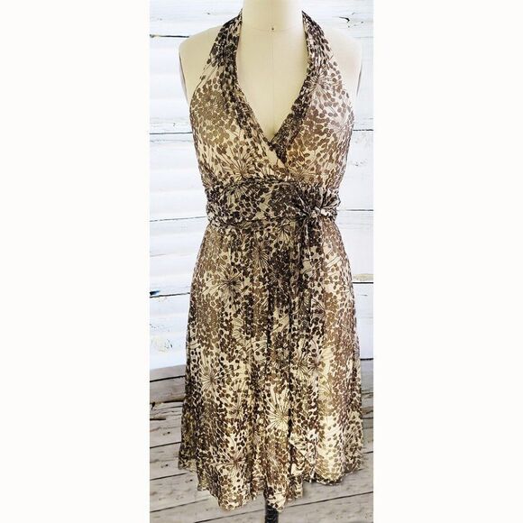 BCBG Maxazria golden tan silk leaf halter dress - Picture 1 of 4